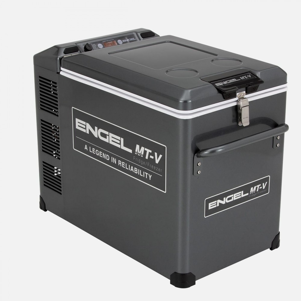 Engel MT-V portable fridge-freezer with a rugged grey powder-coated steel cabinet, secure locking lid, digital temperature controls, and sturdy carry handle, designed for reliable camping, caravanning, 4WD touring, boating, and off-grid food and drink ref