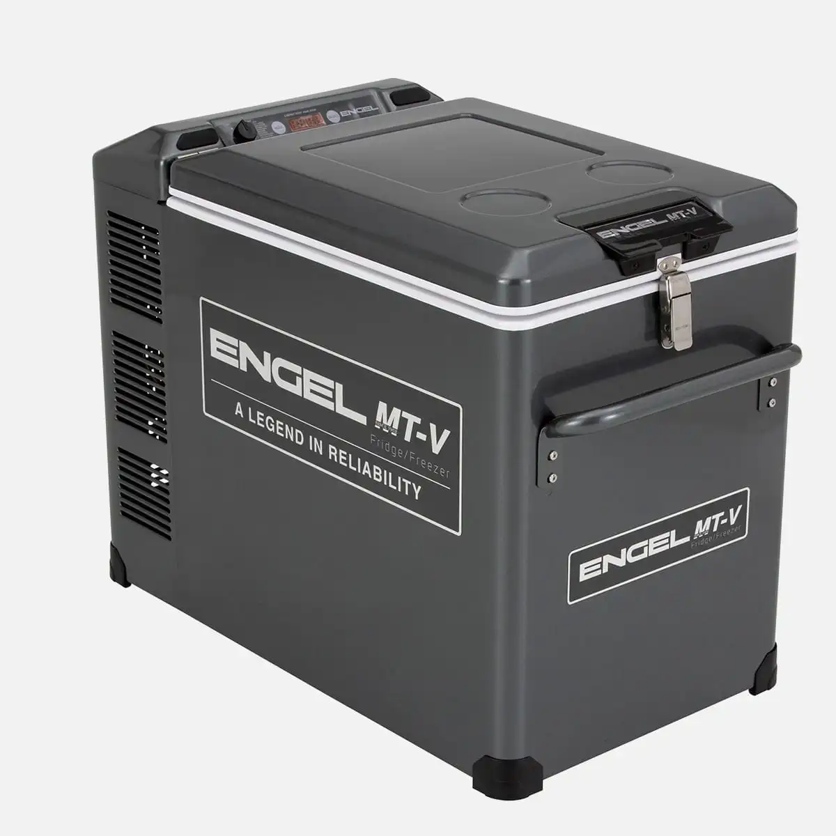 Engel MT-V portable fridge-freezer with a rugged grey powder-coated steel cabinet, secure locking lid, digital temperature controls, and sturdy carry handle, designed for reliable camping, caravanning, 4WD touring, boating, and off-grid food and drink ref