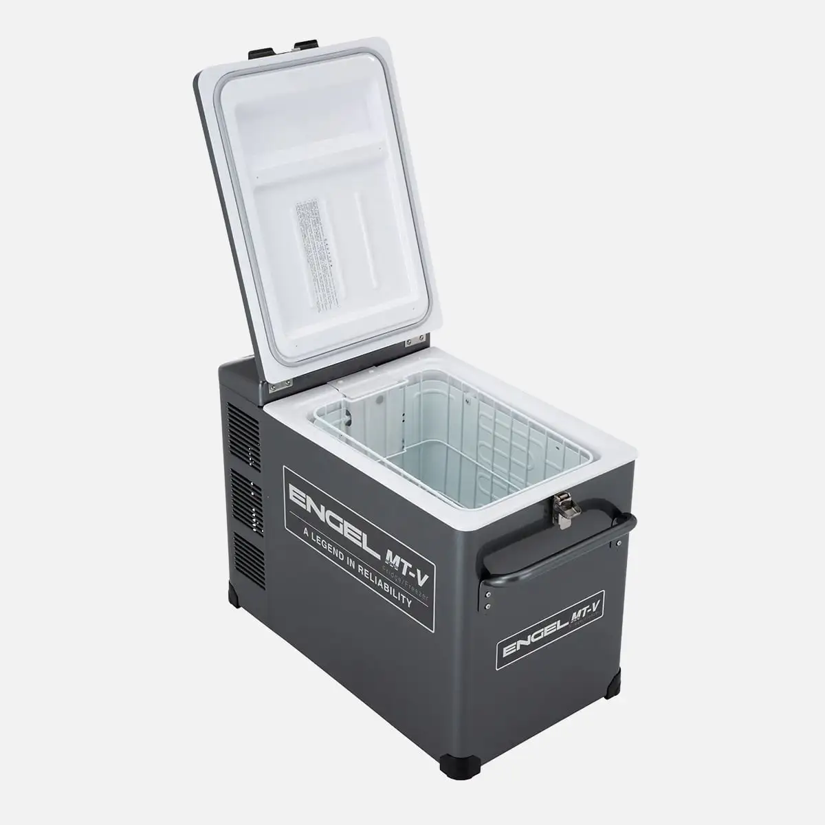 Engel MT-V Portable Fridge-Freezer Engel MT-V portable fridge-freezer with a rugged grey powder-coated steel cabinet, secure locking lid, digital temperature controls, and sturdy carry handle, designed for reliable camping, caravanning, 4WD touring, boating, and off-grid food and drink ref