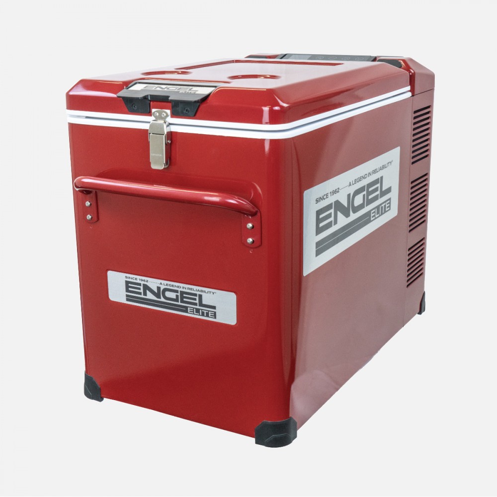 ENGEL Elite Series Red 40L portable fridge/freezer with a durable powder-coated steel cabinet, secure dual-latch lid, digital temperature controls, heavy-duty carry handles, and rear ventilation, ideal for camping, caravanning, 4WD touring, boating, and o