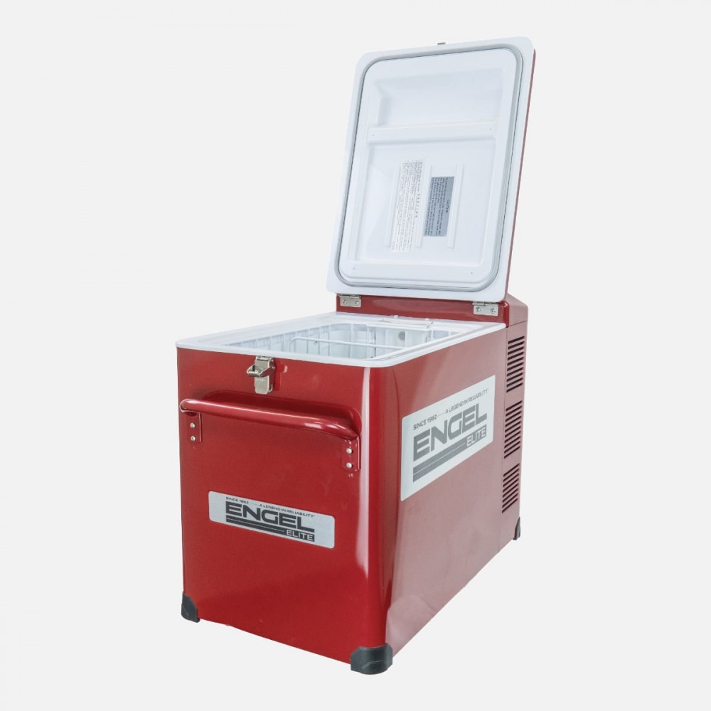ENGEL Elite Series Red 40L portable fridge/freezer with a durable powder-coated steel cabinet, secure dual-latch lid, digital temperature controls, heavy-duty carry handles, and rear ventilation, ideal for camping, caravanning, 4WD touring, boating, and o