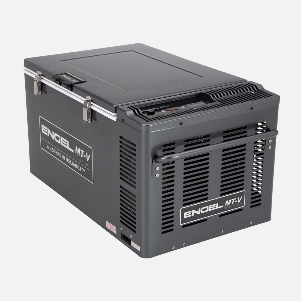 Engel MT-V 60L portable fridge freezer with a rugged grey powder-coated steel cabinet, secure dual-latch lid, digital temperature controls, rear ventilation, and heavy-duty carry handles, ideal for camping, caravanning, 4WD touring, boating, and off-grid 