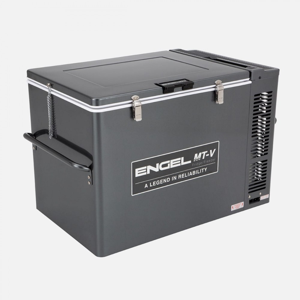 Engel MT-V 80L portable fridge freezer with a rugged grey powder-coated steel cabinet, secure dual-latch lid, heavy-duty carry handles, and rear ventilation, designed for camping, caravanning, 4WD touring, boating, and reliable off-grid refrigeration.