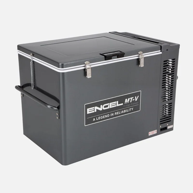 Engel MT-V 80L portable fridge freezer with a rugged grey powder-coated steel cabinet, secure dual-latch lid, heavy-duty carry handles, and rear ventilation, designed for camping, caravanning, 4WD touring, boating, and reliable off-grid refrigeration.