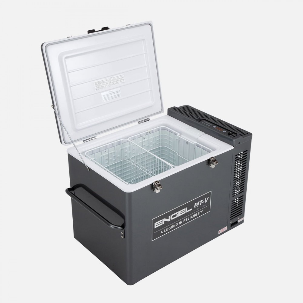 Engel MT-V 80L portable fridge freezer with a rugged grey powder-coated steel cabinet, secure dual-latch lid, heavy-duty carry handles, and rear ventilation, designed for camping, caravanning, 4WD touring, boating, and reliable off-grid refrigeration.