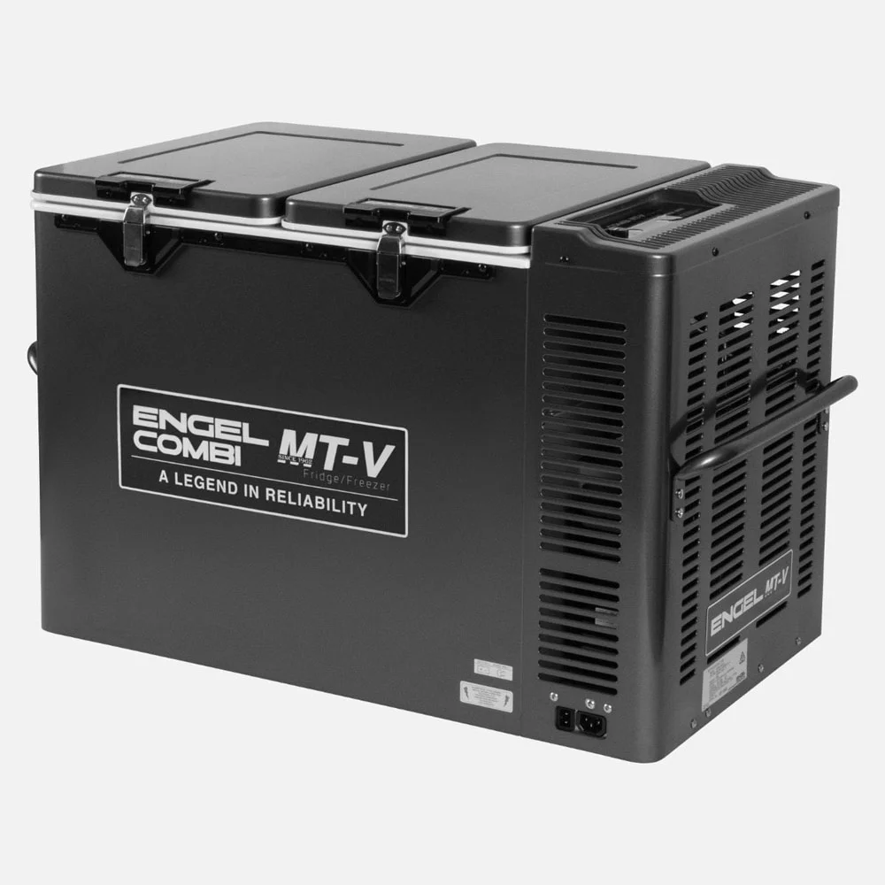 Engel MT-V Combi Portable Fridge Freezer 75L Engel MT-V Combi Portable Fridge Freezer 75L with dual-lid design, separate fridge and freezer compartments, durable powder-coated steel construction, digital temperature controls, heavy-duty carry handles, secure locking latches, and reliable swing motor
