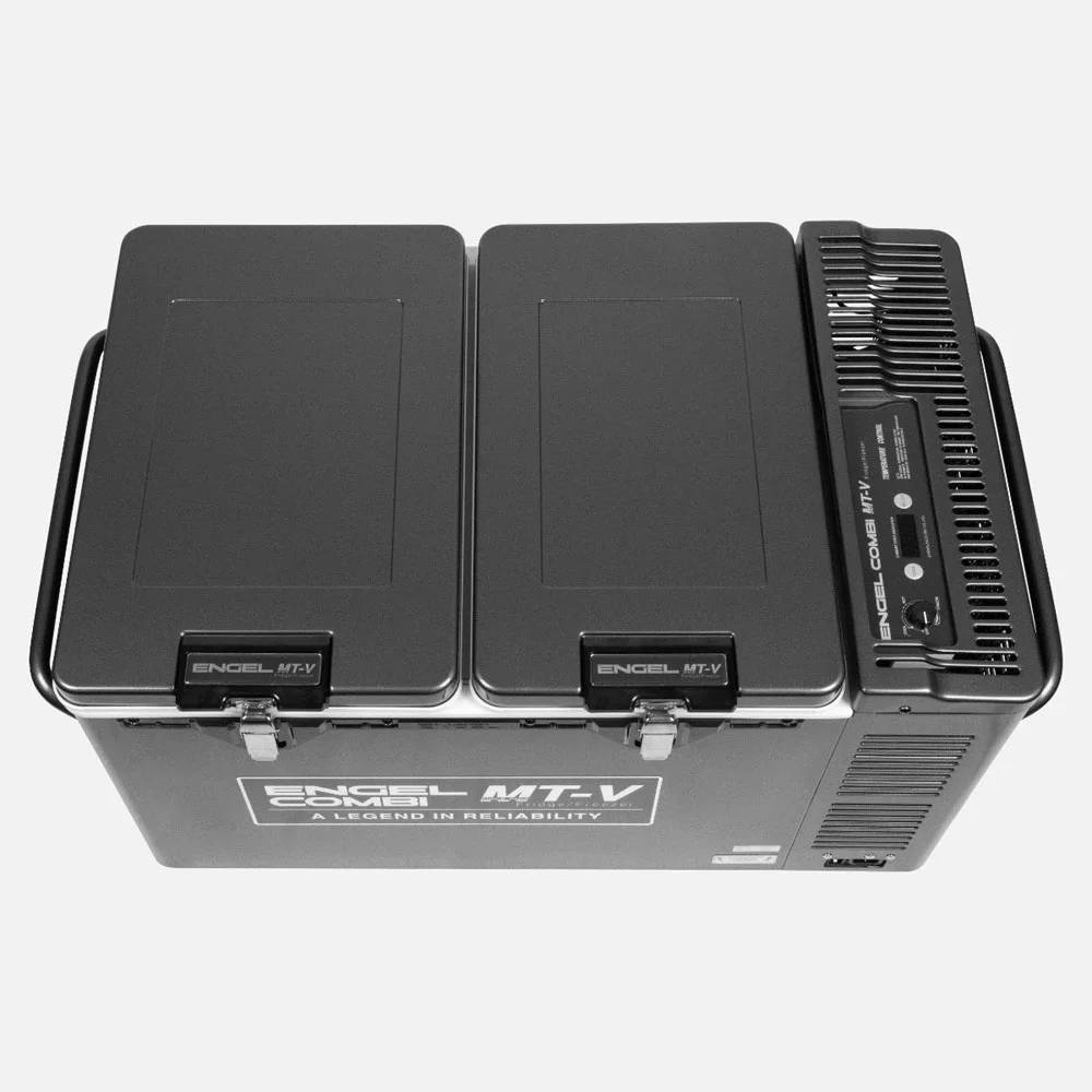 Engel MT-V Combi Portable Fridge Freezer 75L Engel MT-V Combi Portable Fridge Freezer 75L with dual-lid design, separate fridge and freezer compartments, durable powder-coated steel construction, digital temperature controls, heavy-duty carry handles, secure locking latches, and reliable swing motor