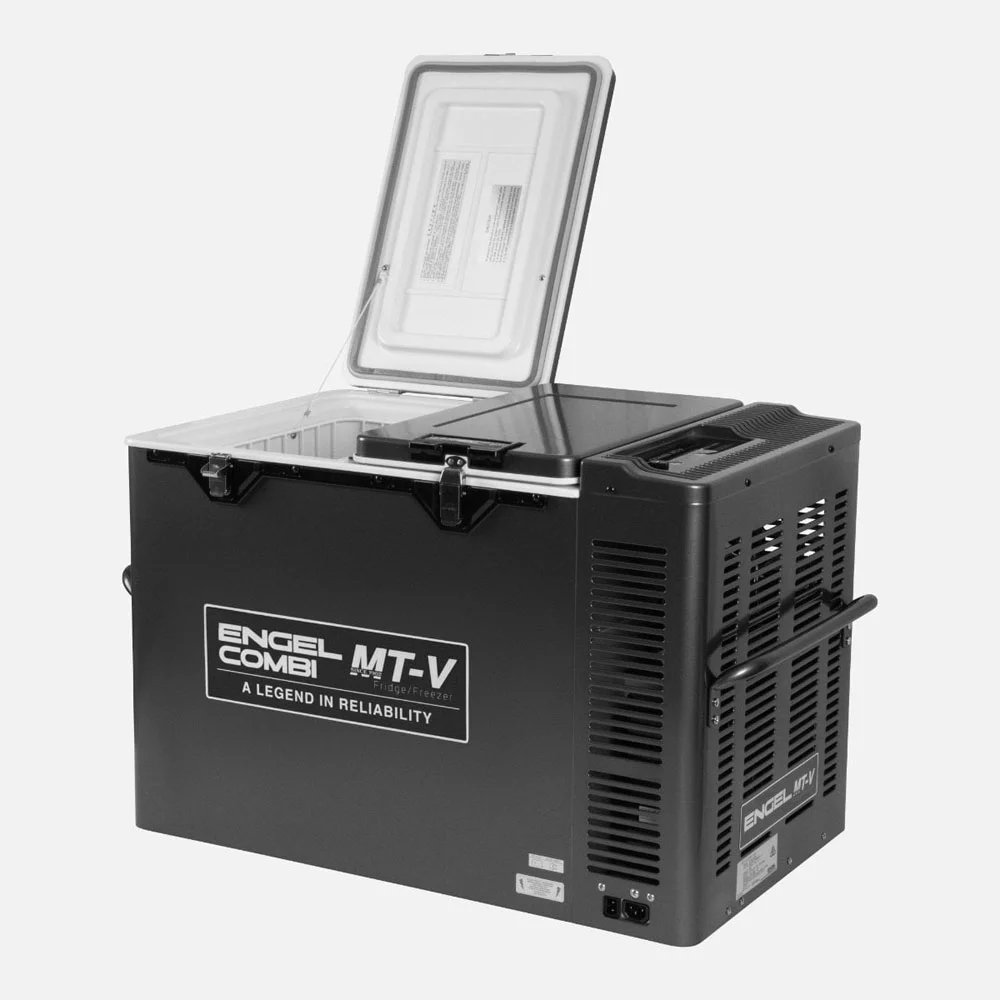 Engel MT-V Combi Portable Fridge Freezer 75L Engel MT-V Combi Portable Fridge Freezer 75L with dual-lid design, separate fridge and freezer compartments, durable powder-coated steel construction, digital temperature controls, heavy-duty carry handles, secure locking latches, and reliable swing motor