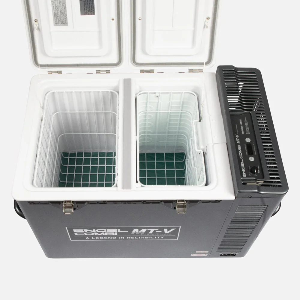 Engel MT-V Combi Portable Fridge Freezer 75L Engel MT-V Combi Portable Fridge Freezer 75L with dual-lid design, separate fridge and freezer compartments, durable powder-coated steel construction, digital temperature controls, heavy-duty carry handles, secure locking latches, and reliable swing motor