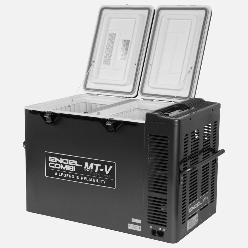 Engel MT-V Combi Portable Fridge Freezer 75L Engel MT-V Combi Portable Fridge Freezer 75L with dual-lid design, separate fridge and freezer compartments, durable powder-coated steel construction, digital temperature controls, heavy-duty carry handles, secure locking latches, and reliable swing motor