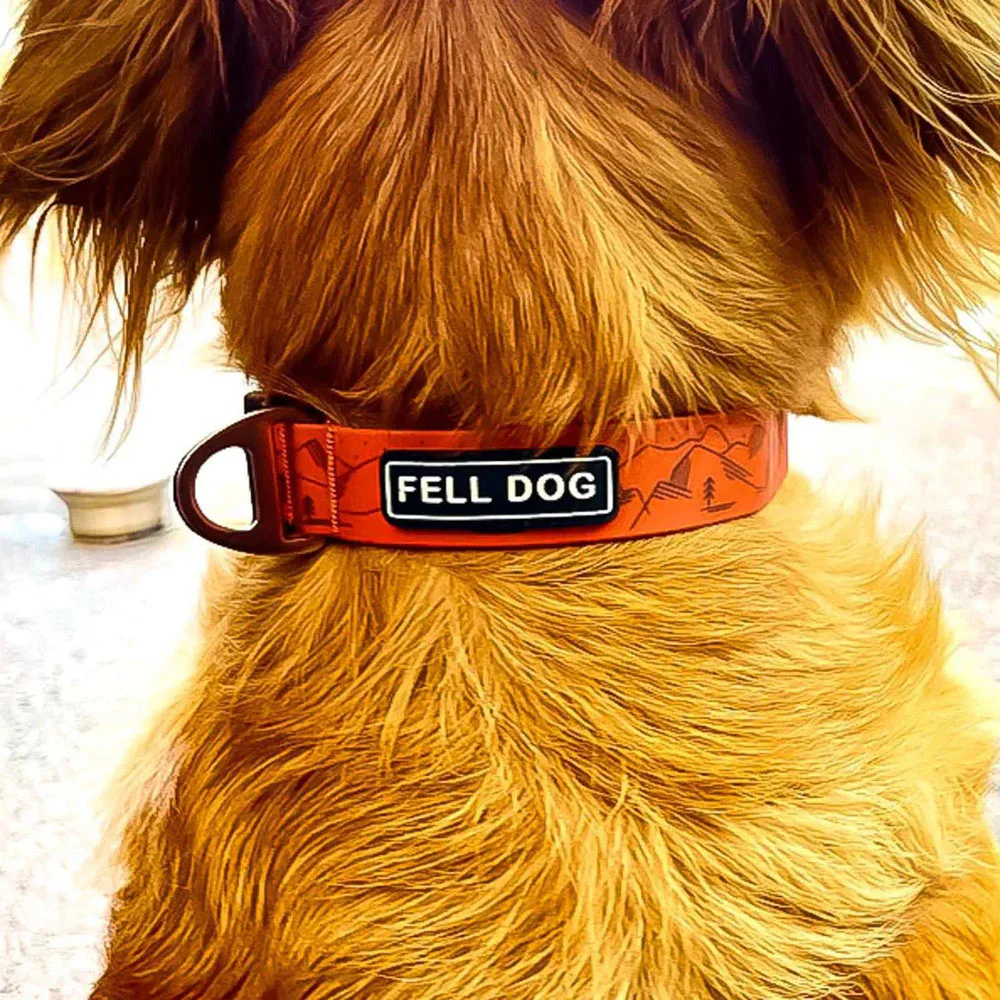 Fell Dog Drench Adjustable Dog Collar – Red Red Fell Dog Drench dog collar with geometric pattern, adjustable buckle, branded label and metal D-ring for lead attachment.