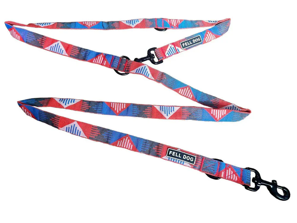 Fell Dog Langdale multifunctional dog lead with red and blue geometric pattern, adjustable loops and black metal clips.