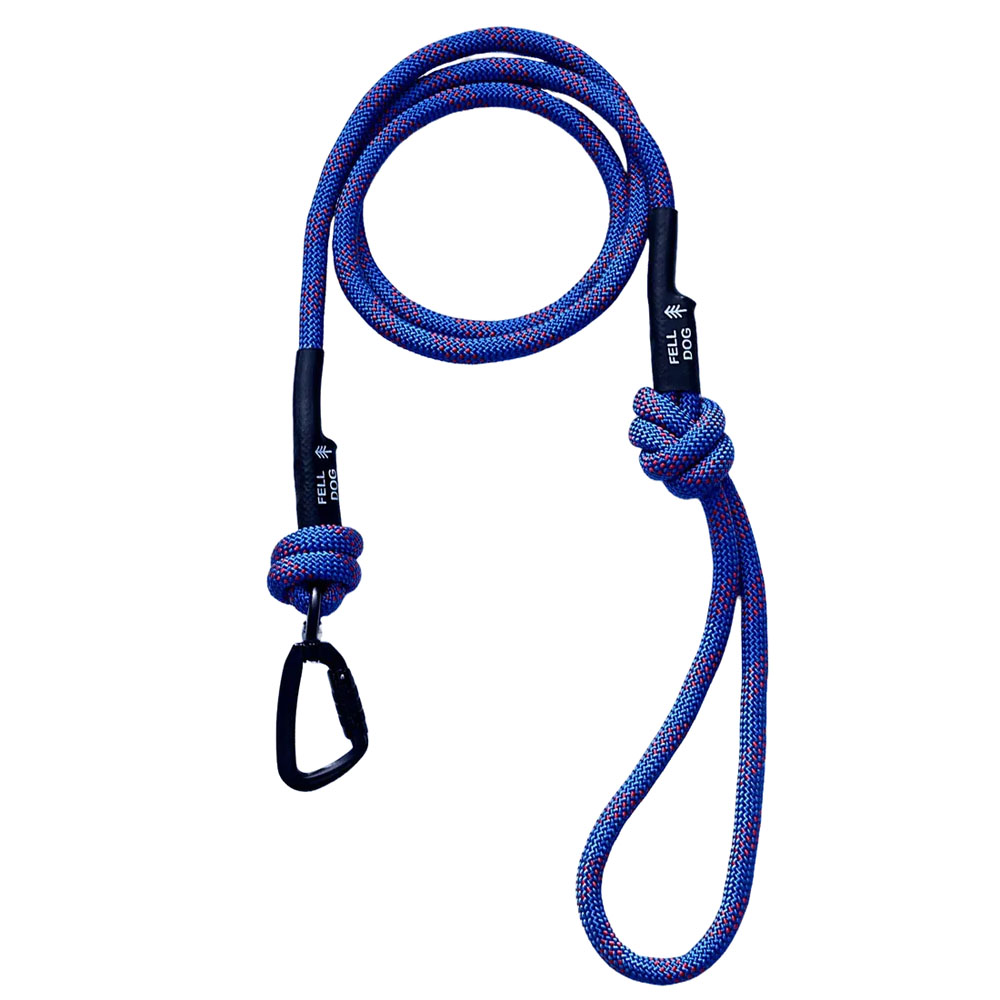 Fell Dog Scafell Rope Dog Lead – Blue Blue Fell Dog Scafell rope lead with red detailing, knotted ends, loop handle and black metal clip for secure dog walking.