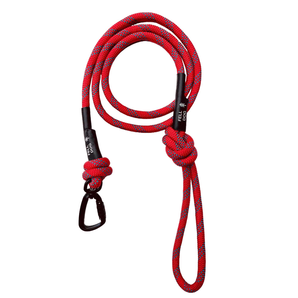 Fell Dog Scafell Rope Dog Lead – Blue Blue Fell Dog Scafell rope lead with red detailing, knotted ends, loop handle and black metal clip for secure dog walking.