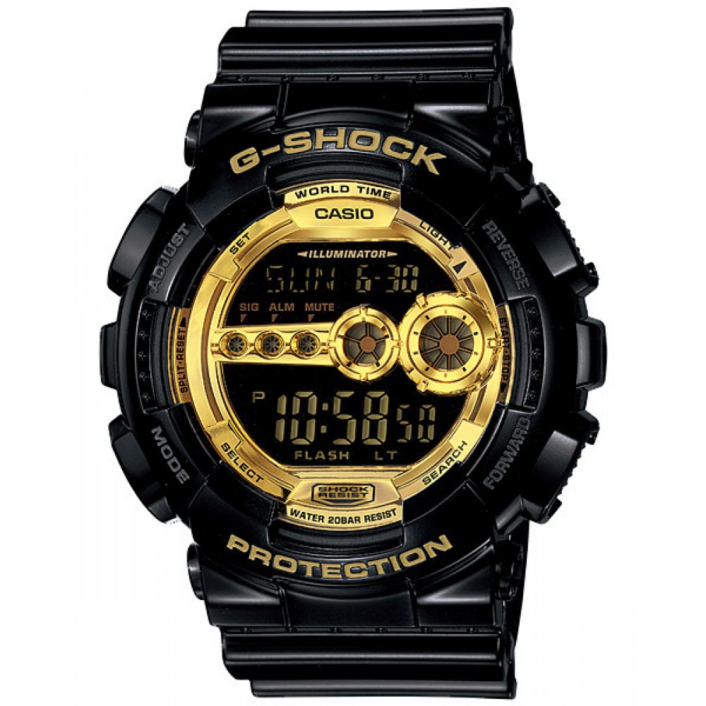 G-Shock GD100-1B Special Colour Digital Watch – 200m Black and gold G-Shock GD100-1B digital watch with illuminated display, rugged resin strap and 200m water resistance.