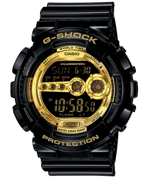 G-Shock GD100-1B Special Colour Digital Watch – 200m Black and gold G-Shock GD100-1B digital watch with illuminated display, rugged resin strap and 200m water resistance.