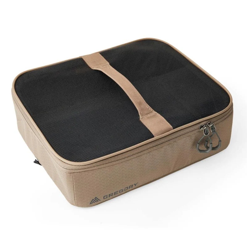 Gregory Alpaca Gear Pod 10L in tan with black mesh lid, carry handle and dual zip opening for organised storage of outdoor gear, travel items and accessories.
