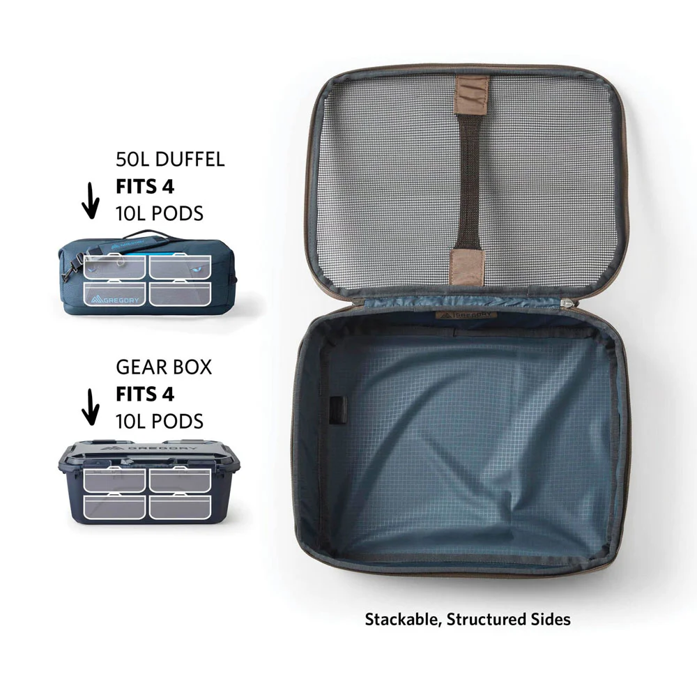 Gregory Alpaca Gear Pod 10L in tan with black mesh lid, carry handle and dual zip opening for organised storage of outdoor gear, travel items and accessories.