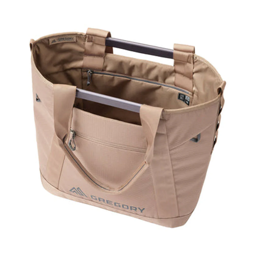 Gregory Alpaca Utility Tote 35L Gregory Alpaca Utility Tote 35L in tan with reinforced carry handles, structured open top and large main compartment for outdoor gear, travel and everyday storage.