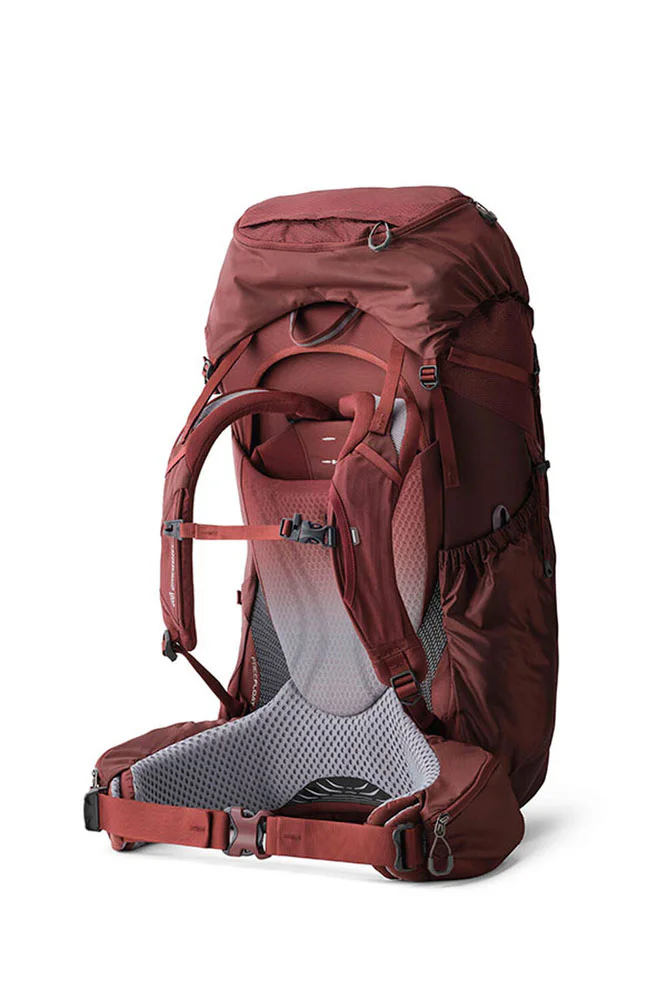 Gregory Deva Women’s Backpacking Pack 60L Gregory Deva women’s 60L backpacking pack in burgundy with adjustable shoulder straps, hip belt, multiple compartments and compression straps for multi-day hiking and tramping.