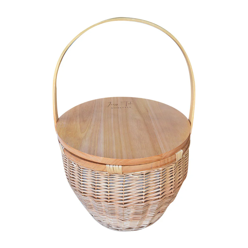 Icey-Tek insulated wicker picnic basket with a round wooden cheese board lid and curved carry handle, shown on a white background.