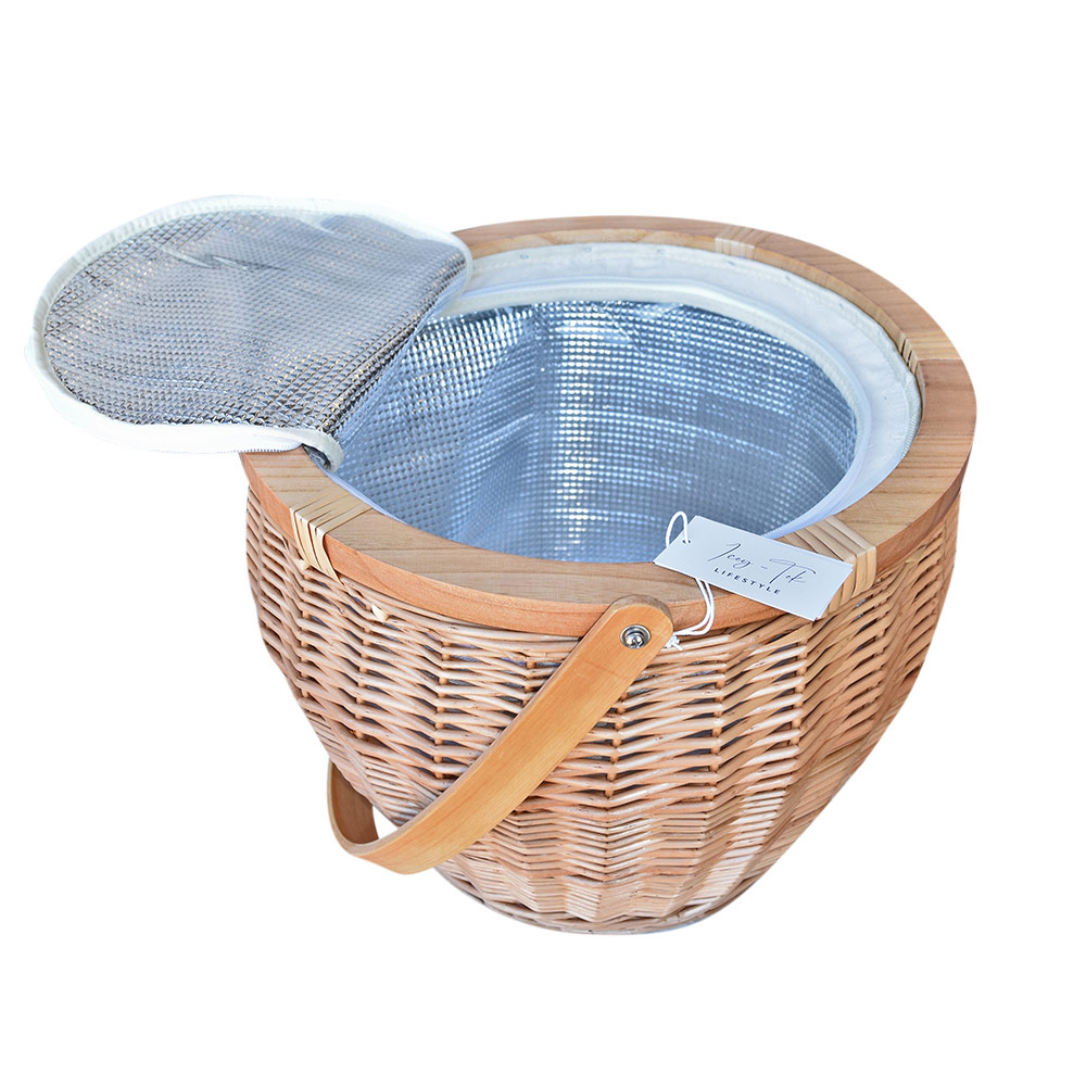 Icey-Tek insulated wicker picnic basket with a round wooden cheese board lid and curved carry handle, shown on a white background.