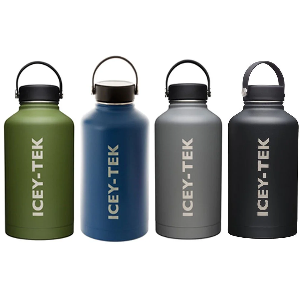 Icey-Tek 1.9L large insulated stainless steel water bottle available in olive green, navy blue, grey, and black, featuring a durable powder-coated finish, wide-mouth opening, carry handle, vacuum insulation, and leak-resistant lid for camping, hiking, tra