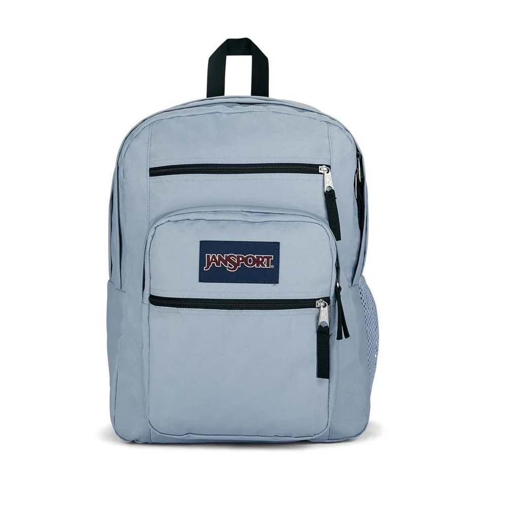JanSport Big Student 34L backpack available in multiple colours and patterns, featuring two large main compartments, dual front zip pockets, side mesh bottle pocket, and padded shoulder straps for school, college, travel, and everyday use.