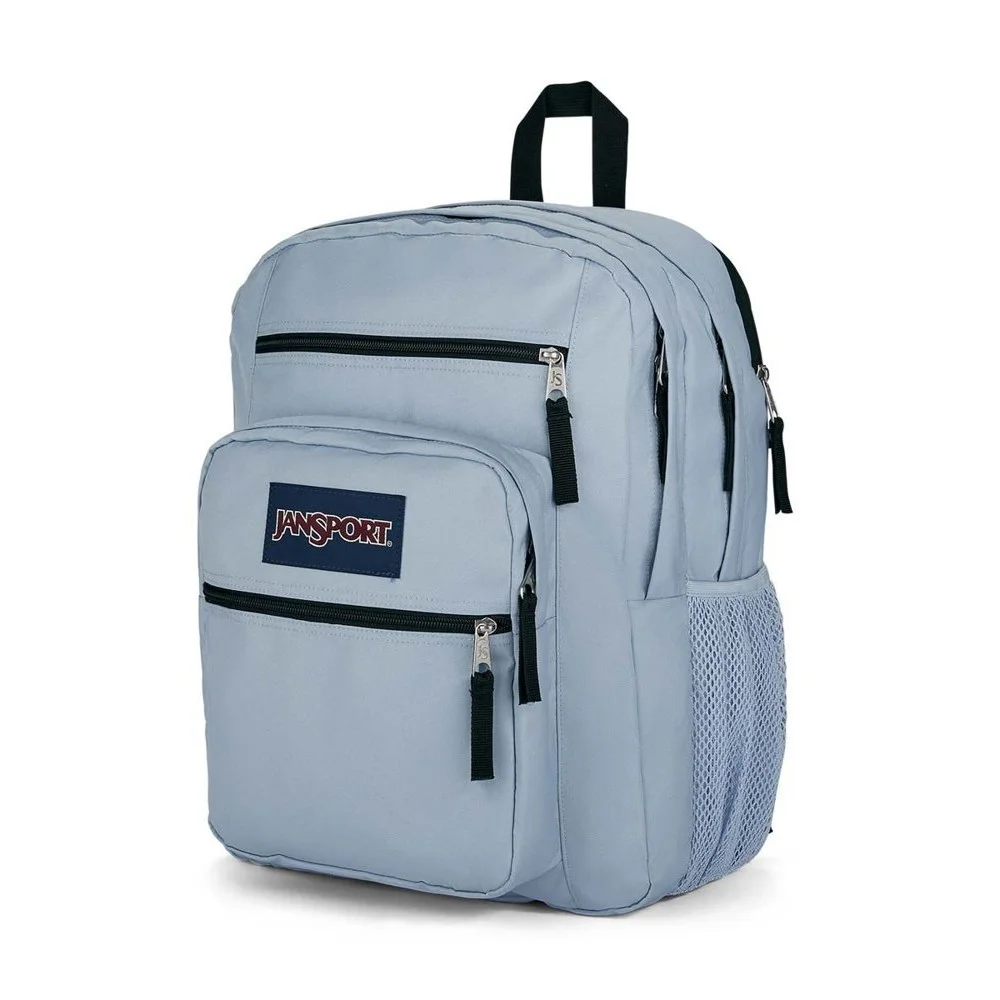 JanSport Big Student 34L backpack available in multiple colours and patterns, featuring two large main compartments, dual front zip pockets, side mesh bottle pocket, and padded shoulder straps for school, college, travel, and everyday use.