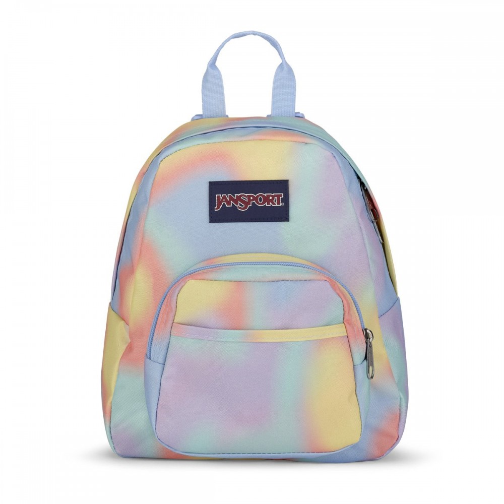JanSport Half Pint Backpack Mood Map – 10L JanSport Half Pint 10L mini backpack in Mood Map pastel tie-dye with a front zip pocket, top carry handle, and compact design for everyday use and travel.