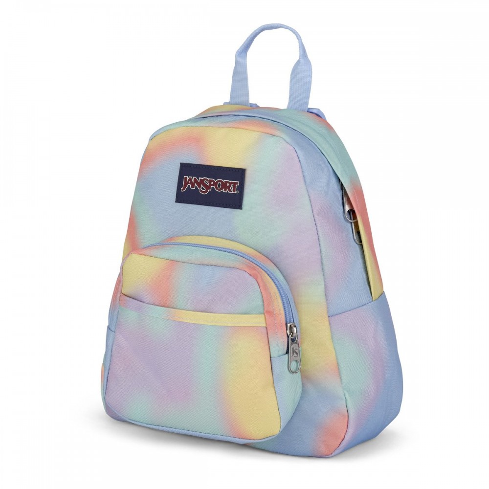 JanSport Half Pint Backpack Mood Map – 10L JanSport Half Pint 10L mini backpack in Mood Map pastel tie-dye with a front zip pocket, top carry handle, and compact design for everyday use and travel.