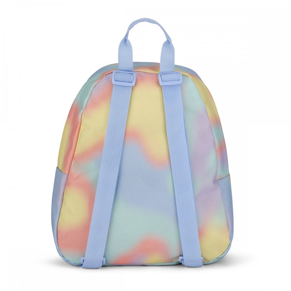 JanSport Half Pint Backpack Mood Map – 10L JanSport Half Pint 10L mini backpack in Mood Map pastel tie-dye with a front zip pocket, top carry handle, and compact design for everyday use and travel.