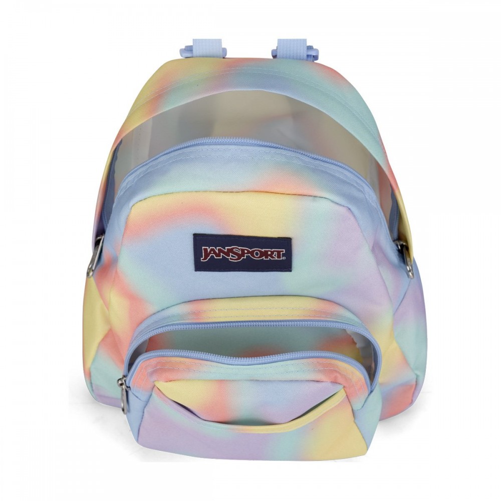 JanSport Half Pint Backpack Mood Map – 10L JanSport Half Pint 10L mini backpack in Mood Map pastel tie-dye with a front zip pocket, top carry handle, and compact design for everyday use and travel.