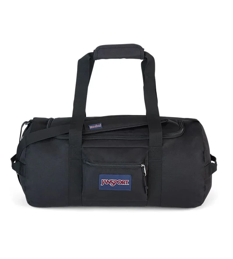 JanSport SuperBreak Away 40L duffel bag in black with dual carry handles, adjustable shoulder strap, front zip pocket, and spacious main compartment for travel, gym, sports, and everyday use.