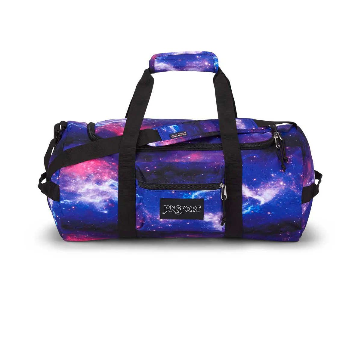 JanSport SuperBreak Away 40L duffel bag in Space Dust galaxy print with dual carry handles, adjustable shoulder strap, front zip pocket, and spacious main compartment for travel, gym, and everyday use.