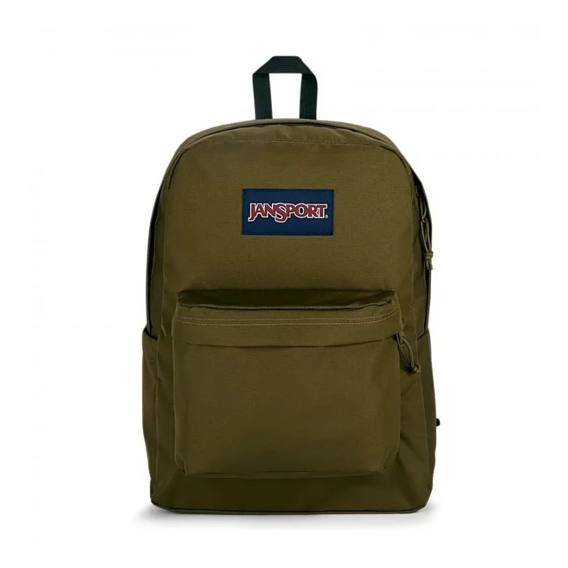 JanSport SuperBreak Plus 26L backpack in olive green with a spacious main compartment, front zip pocket, padded shoulder straps, and a classic lightweight design for school, work, travel, and everyday use.