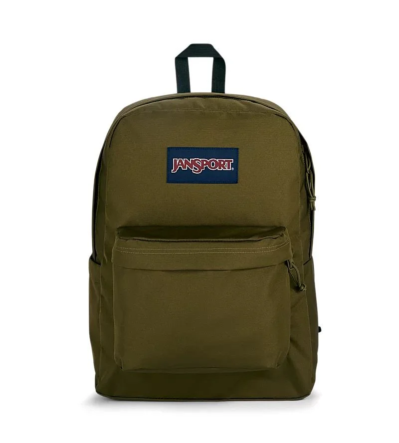 JanSport SuperBreak Plus 26L backpack in olive green with a spacious main compartment, front zip pocket, padded shoulder straps, and a classic lightweight design for school, work, travel, and everyday use.