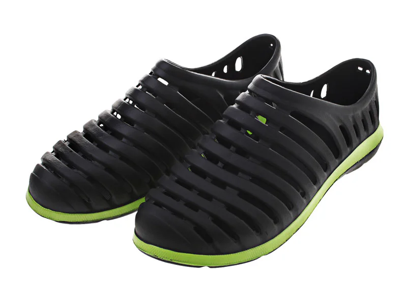 Lightweight boat and beach shoes in black with green accents, featuring a breathable slip-on design and non-marking soles for water activities and casual outdoor wear.