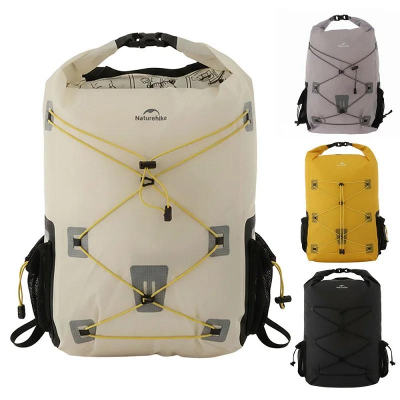 Naturehike 25L ultralight waterproof camping backpack with roll-top closure, front bungee cords and side mesh pockets, shown in multiple colours.