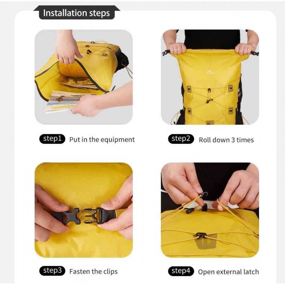 Naturehike Ultralight Waterproof Camping Backpack – 25L Naturehike 25L ultralight waterproof camping backpack with roll-top closure, front bungee cords and side mesh pockets, shown in multiple colours.