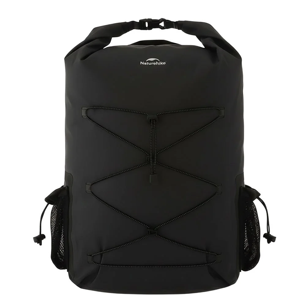 Naturehike Ultralight Waterproof Camping Backpack – 25L Naturehike 25L ultralight waterproof camping backpack with roll-top closure, front bungee cords and side mesh pockets, shown in multiple colours.