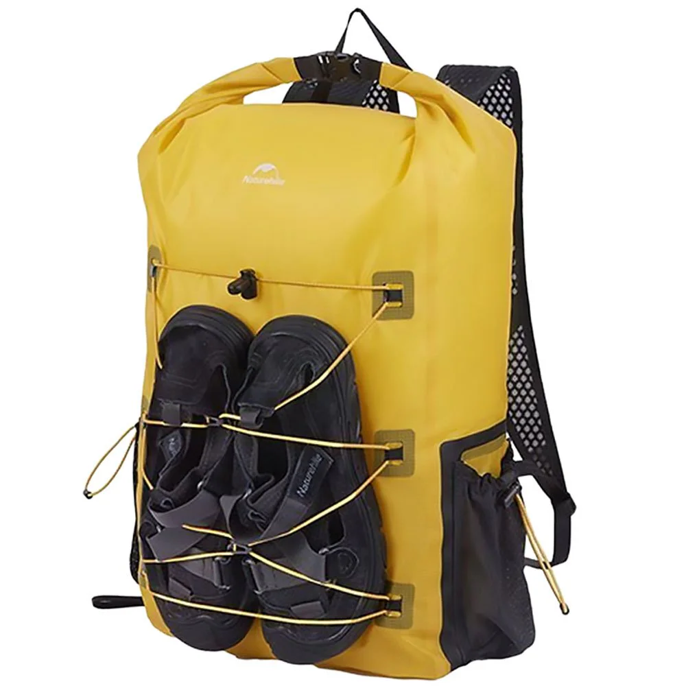 Naturehike Ultralight Waterproof Camping Backpack – 25L Naturehike 25L ultralight waterproof camping backpack with roll-top closure, front bungee cords and side mesh pockets, shown in multiple colours.