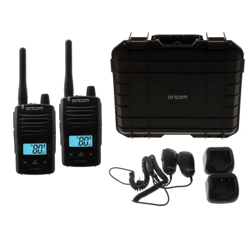 Oricom DTXTP600 5W waterproof UHF CB radio trade pack with two handheld radios, microphones, charging docks and protective carry case.