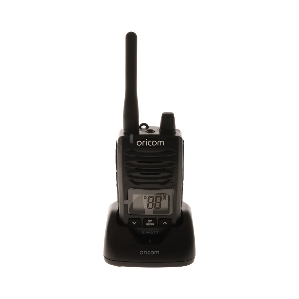 Oricom DTXTP600 5W waterproof UHF CB radio trade pack with two handheld radios, microphones, charging docks and protective carry case.