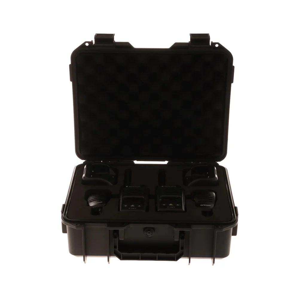 Oricom DTXTP600 5W waterproof UHF CB radio trade pack with two handheld radios, microphones, charging docks and protective carry case.