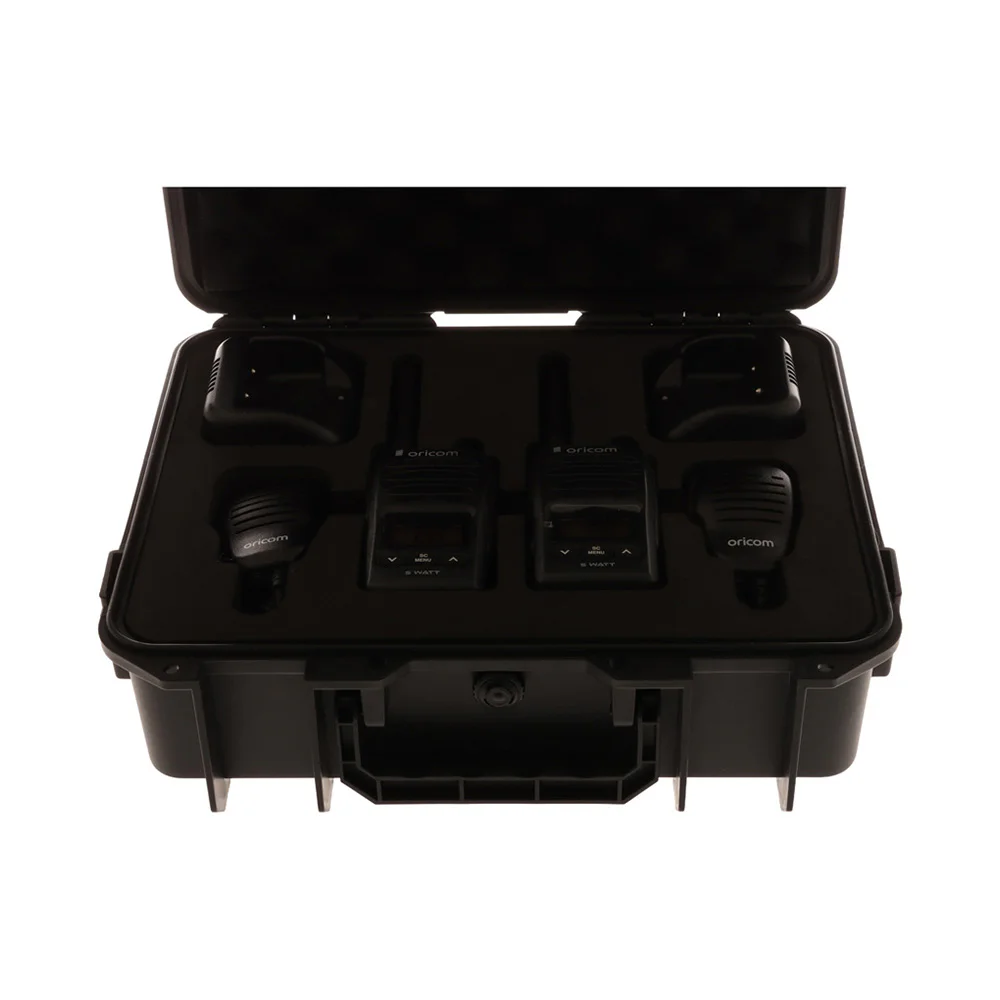 Oricom DTXTP600 5W waterproof UHF CB radio trade pack with two handheld radios, microphones, charging docks and protective carry case.