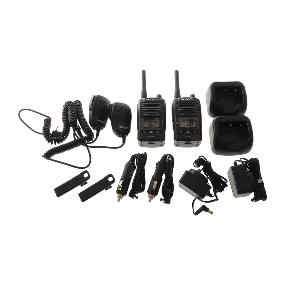 Oricom DTXTP600 5W waterproof UHF CB radio trade pack with two handheld radios, microphones, charging docks and protective carry case.