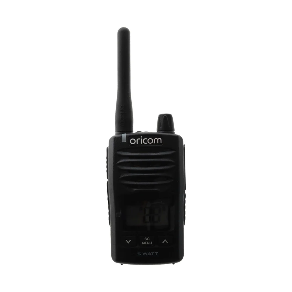 Oricom DTXTP600 5W waterproof UHF CB radio trade pack with two handheld radios, microphones, charging docks and protective carry case.