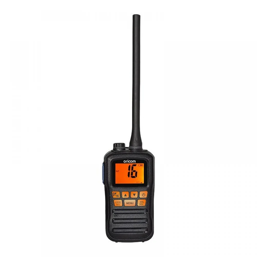 Oricom MX300 Waterproof Handheld VHF Marine Radio 3W – Black Oricom MX300 3W waterproof handheld VHF marine radio in black with long antenna, orange LCD display and front control buttons.