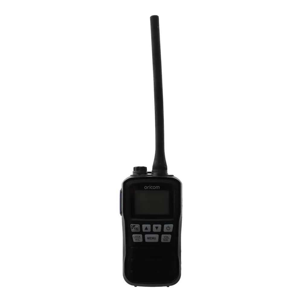 Oricom MX300 Waterproof Handheld VHF Marine Radio 3W – Black Oricom MX300 3W waterproof handheld VHF marine radio in black with long antenna, orange LCD display and front control buttons.